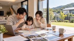 전원주택 거실에서 자녀의 학교와 통학 경로를 함께 검토하는 30대 부부