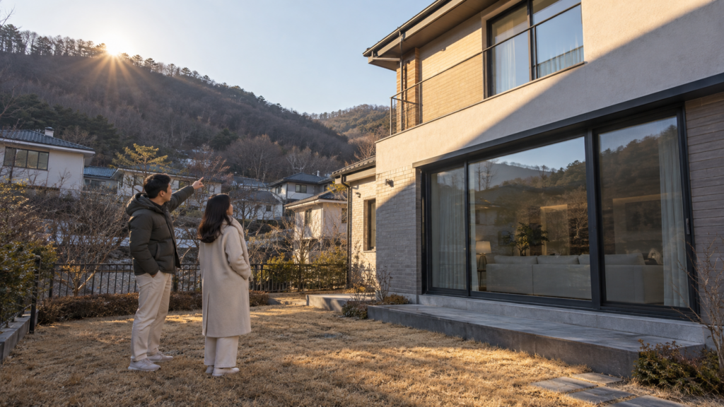남향 전원주택인데 햇빛이 부족한 이유, 겨울 채광 확인법 1 겨울철 앞산 그림자가 드리운 남향 전원주택의 실제 채광을 확인하는 30대 부부 카테고리