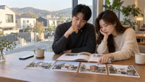 여러 전원주택을 둘러본 뒤 사진과 투어 기록을 비교하는 30대 부부